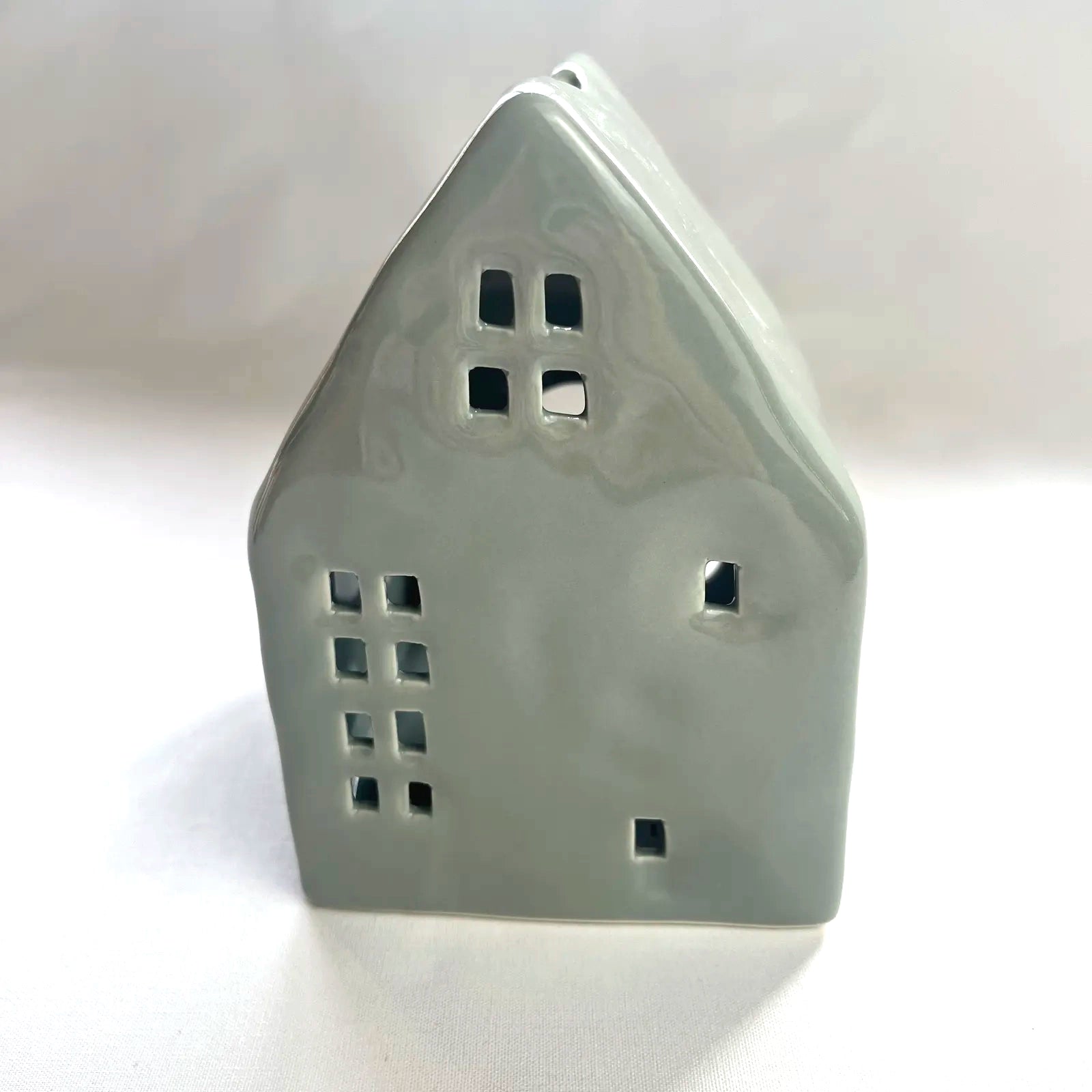 Grey Glazed Mini Ceramic House with Square Windows for Tealights and Incense Cones
