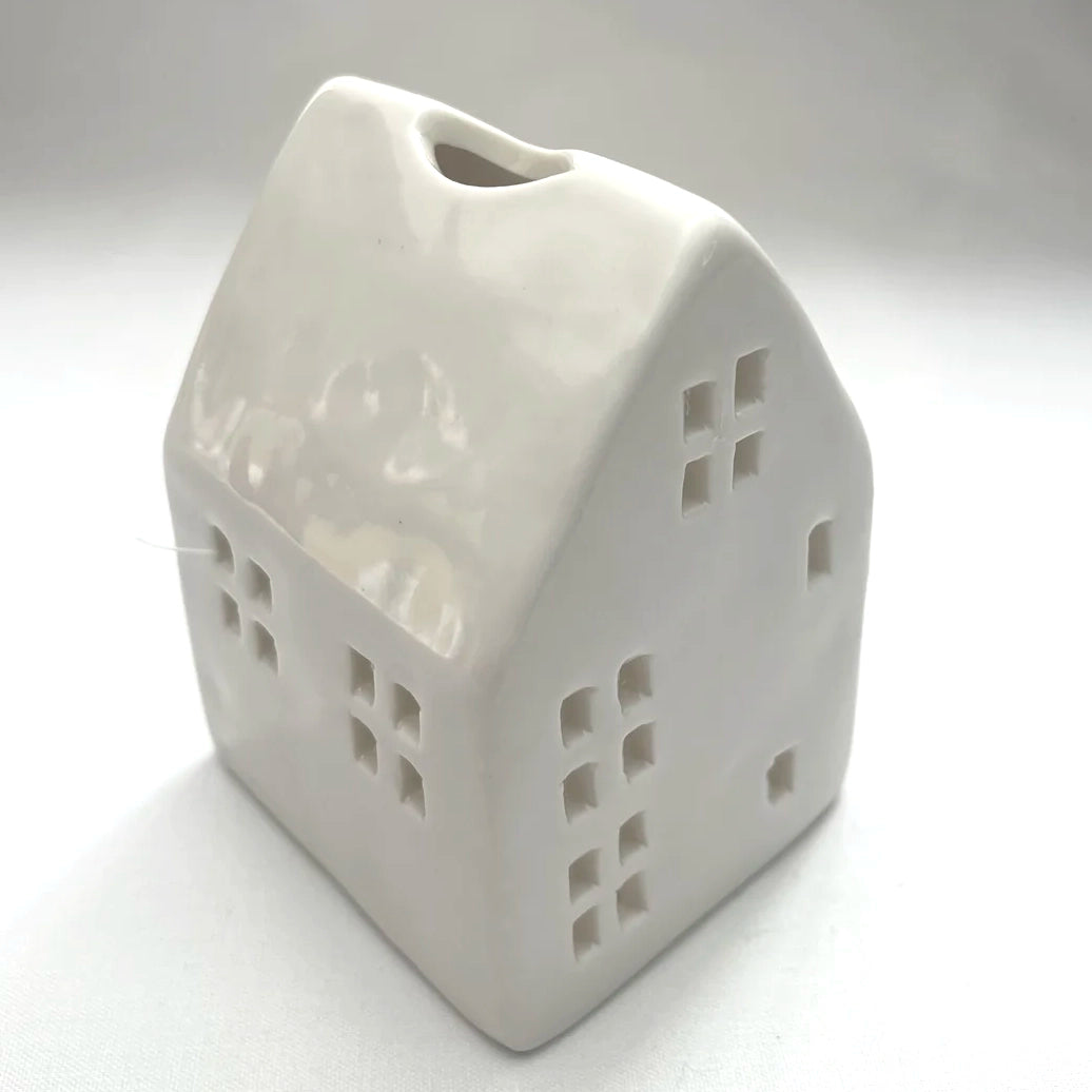 White Mini Glazed Ceramic House for Tealights and Incense Cones