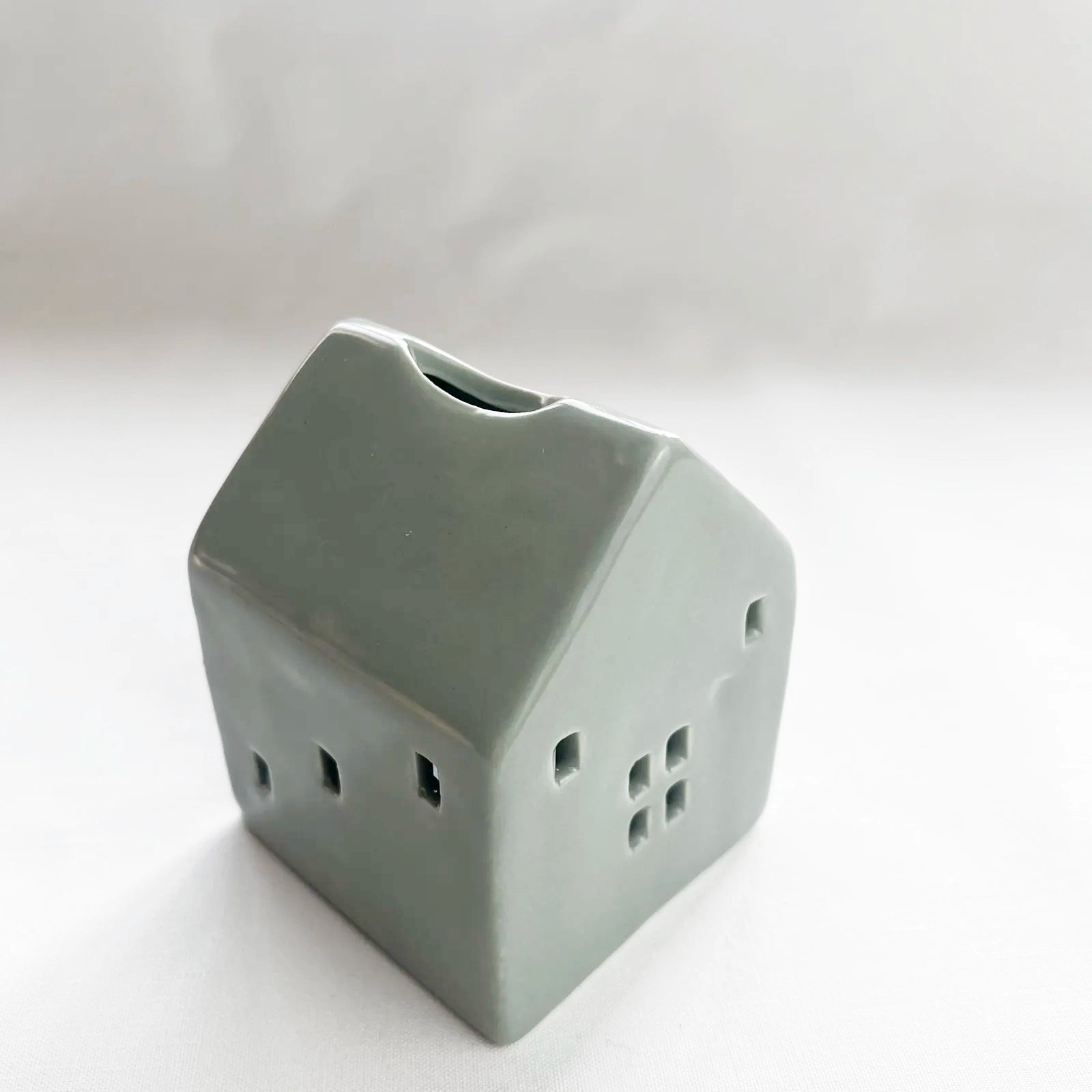 Grey Glazed Ceramic House with Square Windows for Tealights and Incense Cones
