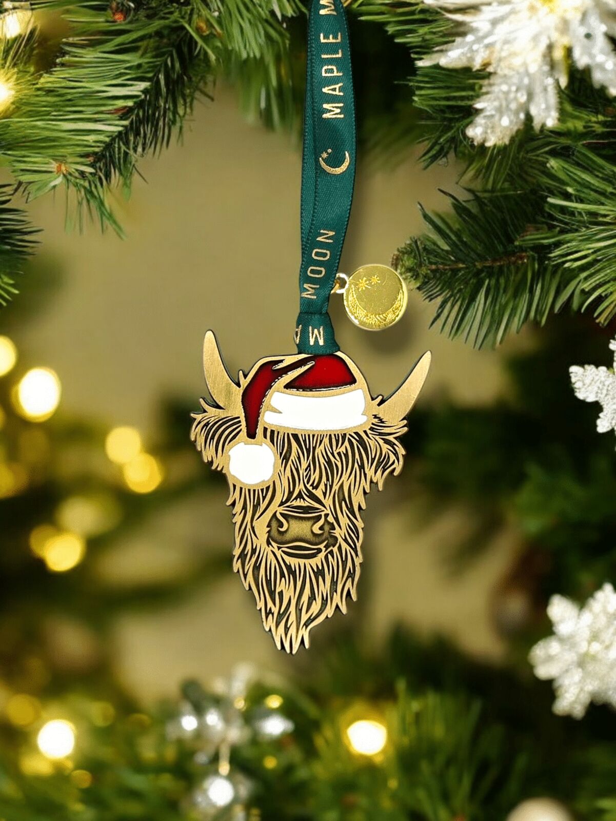 Gold Enamel Highland Cow with Santa Hat Christmas Decoration