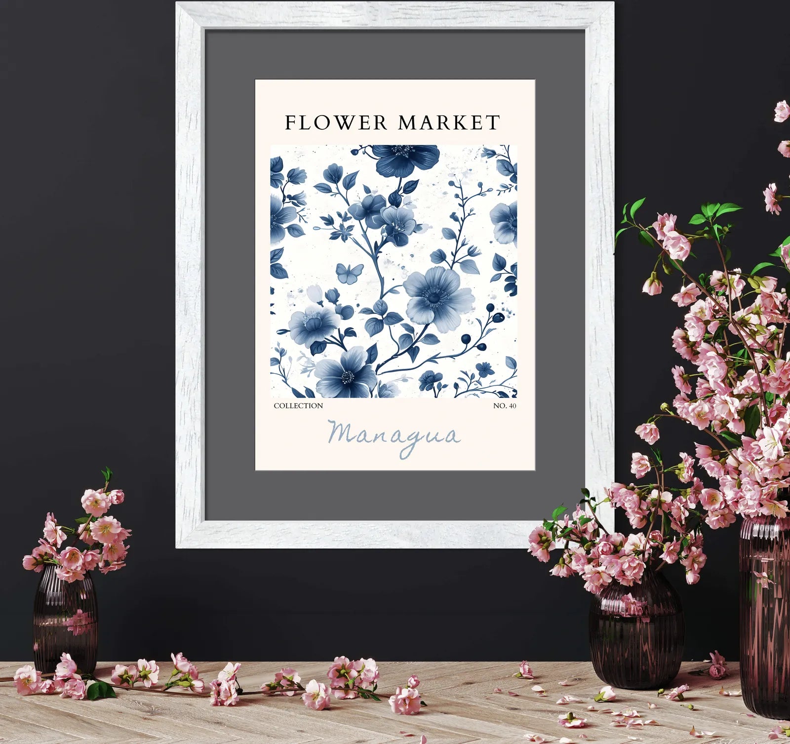 Managua Indigo Blossom Wall Art – Nicaraguan Floral Elegance in Monochrome