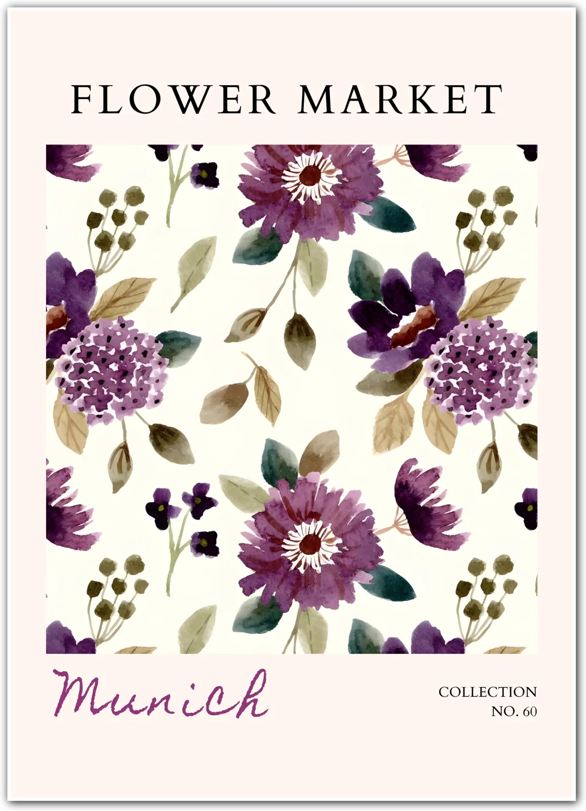 Munich Flower Market Art Print – Moody Violets in Vintage Watercolour