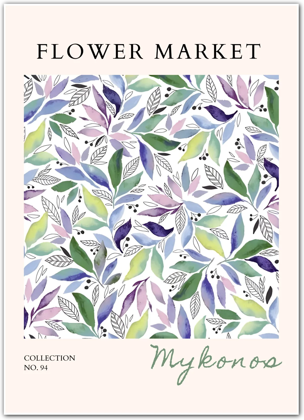 Mykonos Flower Market Art Print – Mediterranean Leafy Breeze in Soft Pastels