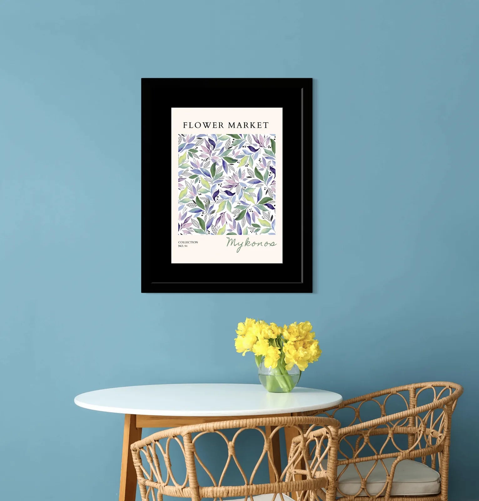Mykonos Flower Market Art Print – Mediterranean Leafy Breeze in Soft Pastels