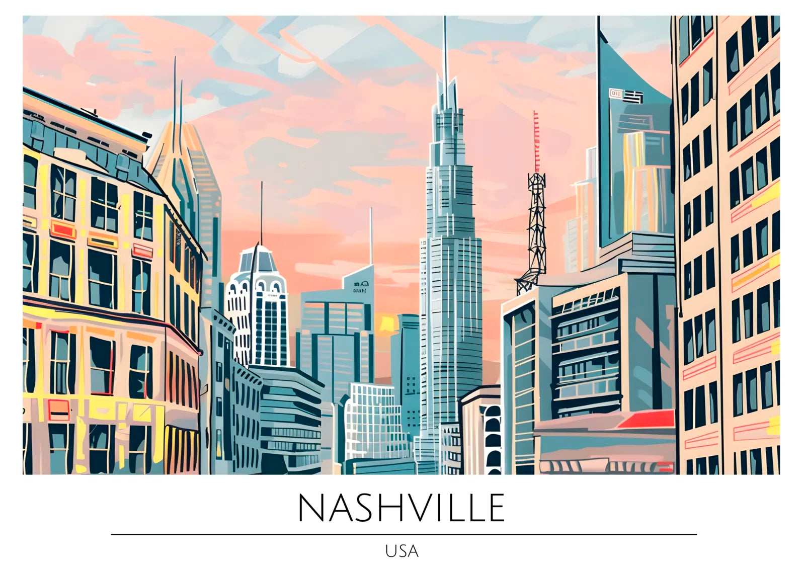 Nashville City Skyline with Skyscrapers Art Print 3