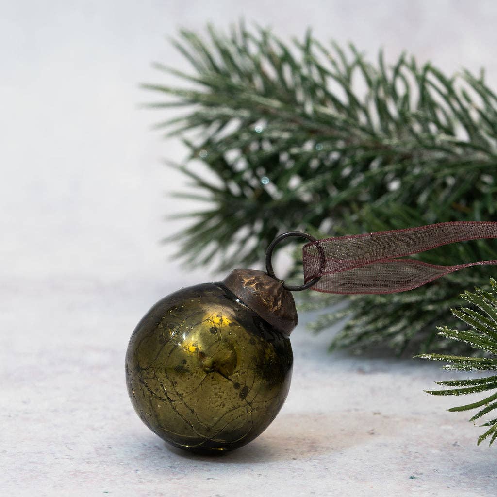 Set Of 6 Olive Green Glass Christmas Baubles With Ribbons