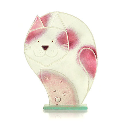 Large White and Pink Glass Cat