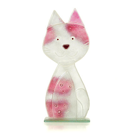Cute Large White and Pink Glass Cat