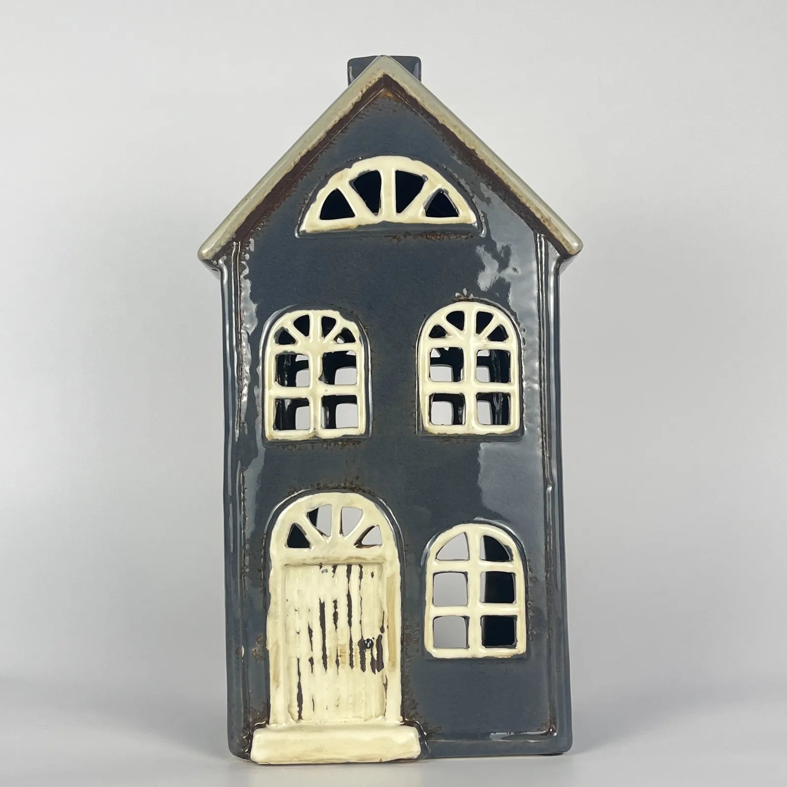 Dark Grey Ceramic Tealight House with White Door