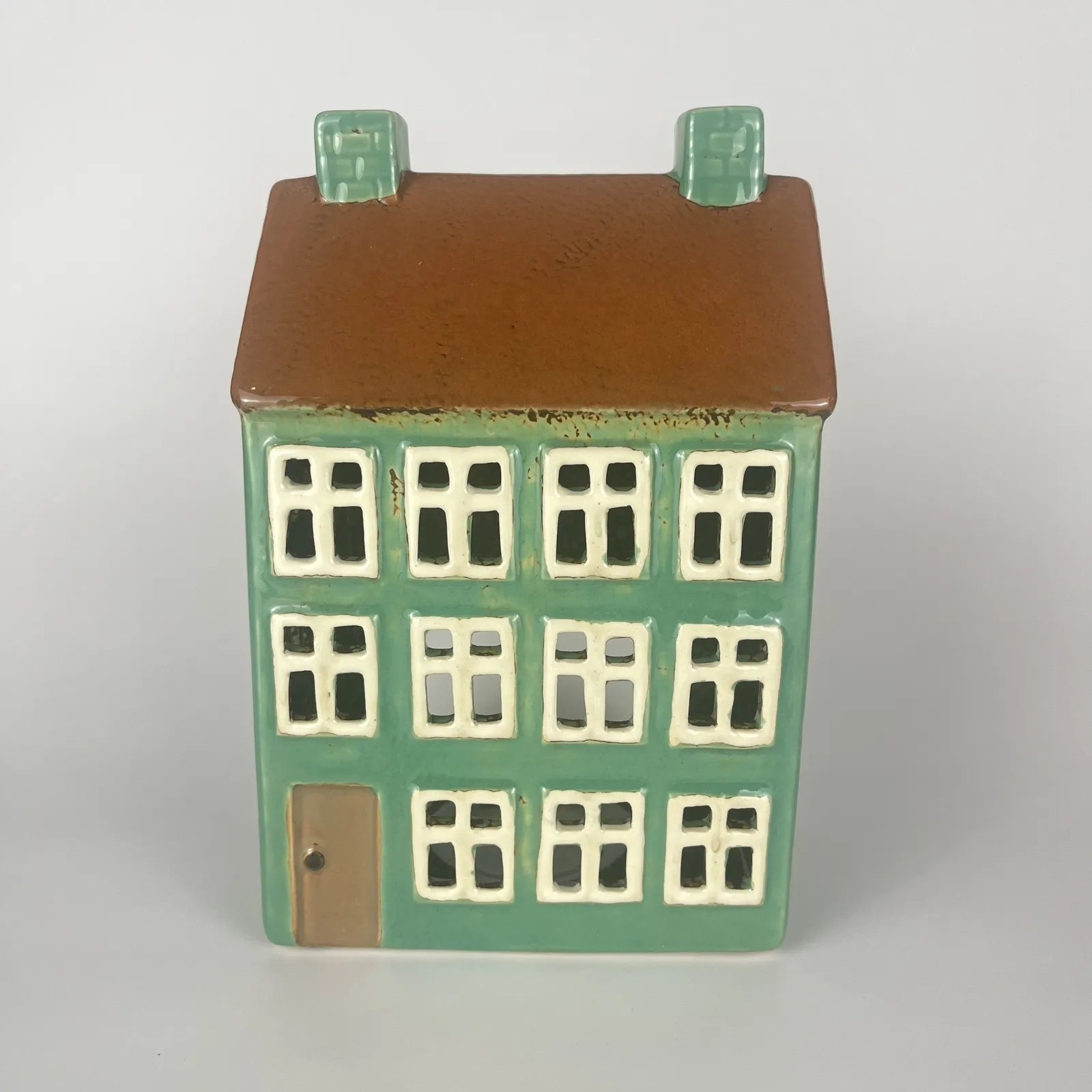 Green Ceramic Tealight House with Brown Roof and Brown Door