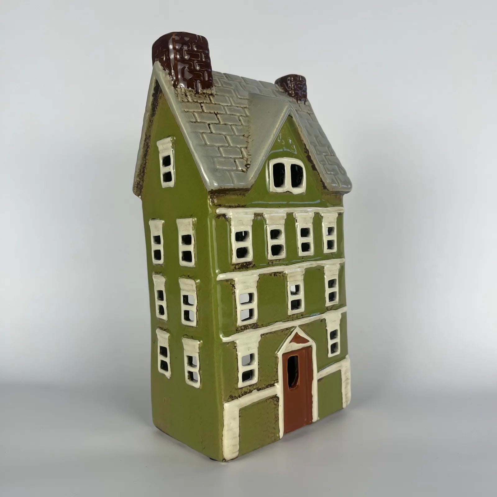 Green Ceramic Tealight House with Brown Roof and Door