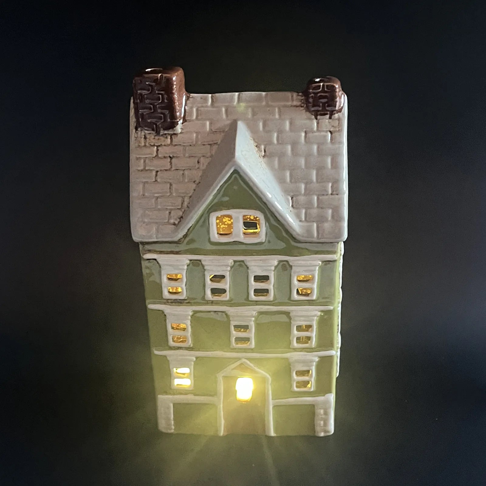 Green Ceramic Tealight House with Brown Roof and Door
