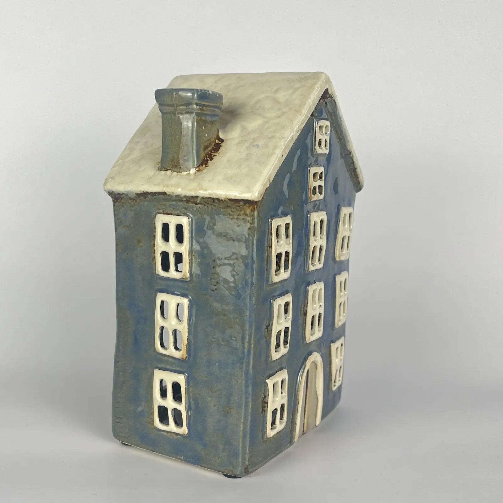 Blue Ceramic Incense Cone House with White Windows and Chimney