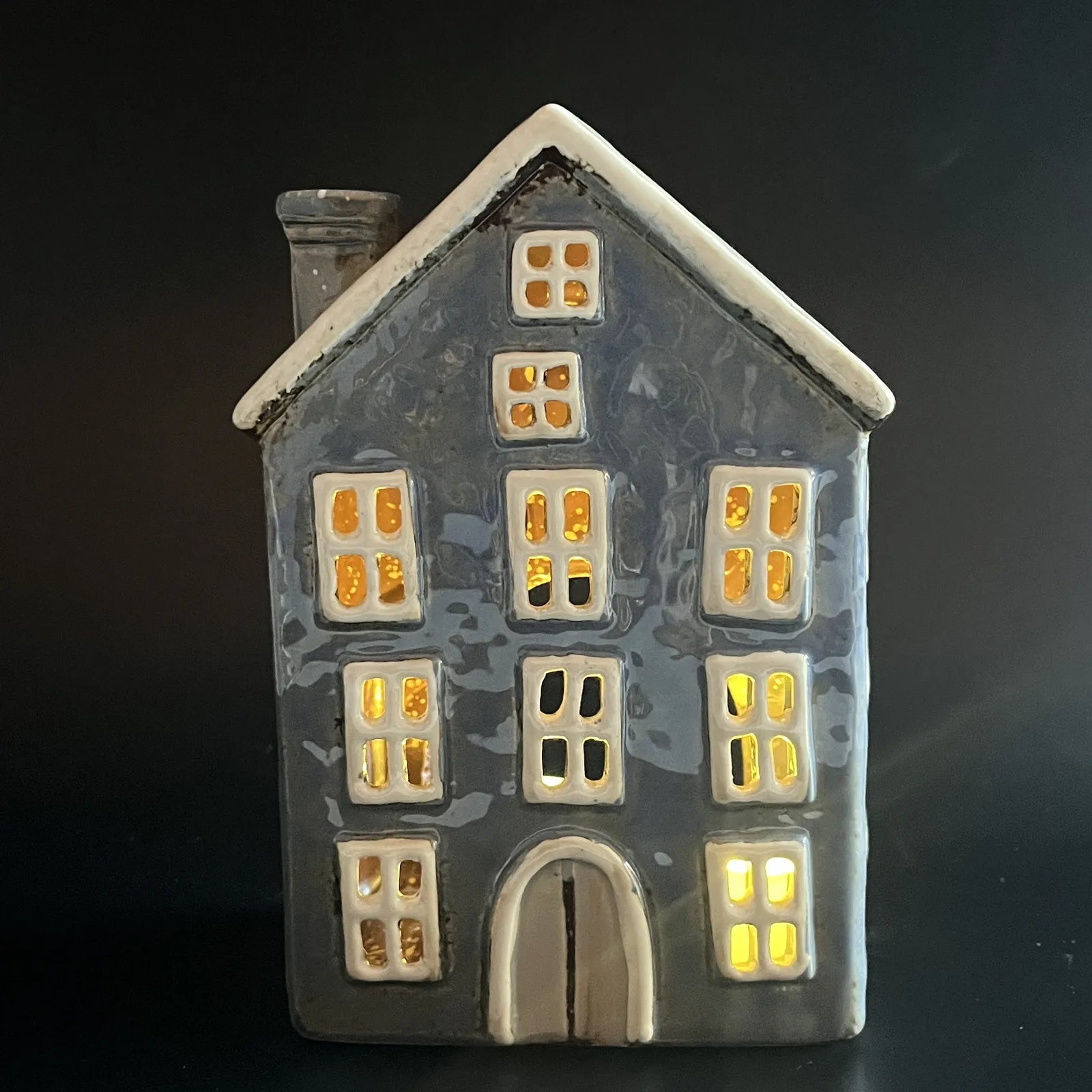 Blue Ceramic Incense Cone House with White Windows and Chimney