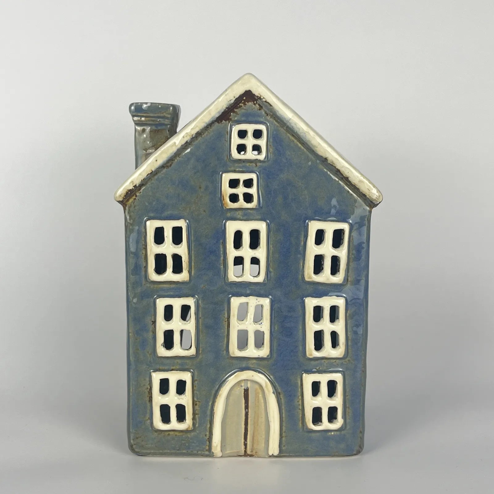 Blue Ceramic Incense Cone House with White Windows and Chimney