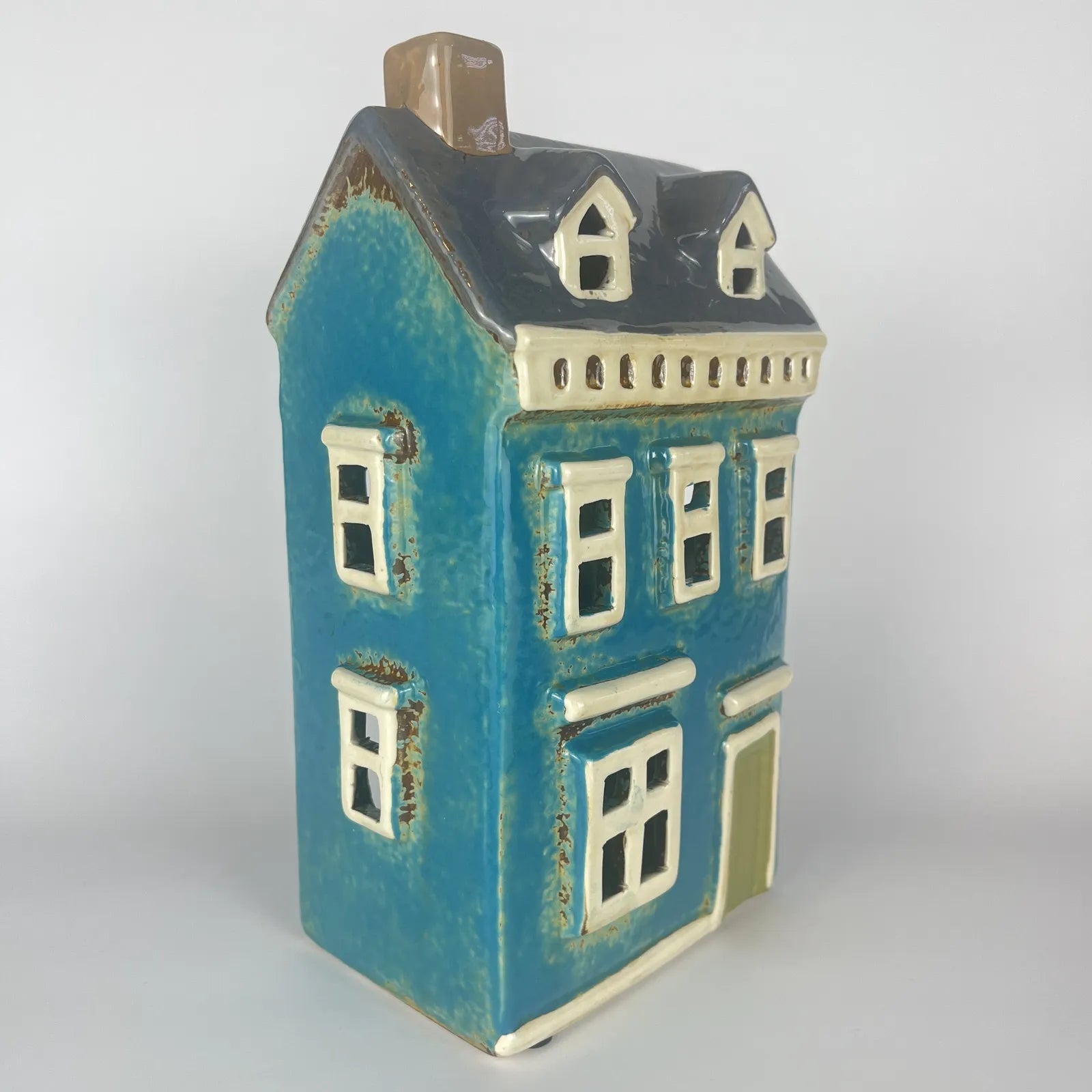 Blue Ceramic Tealight House with Green Door and Roof
