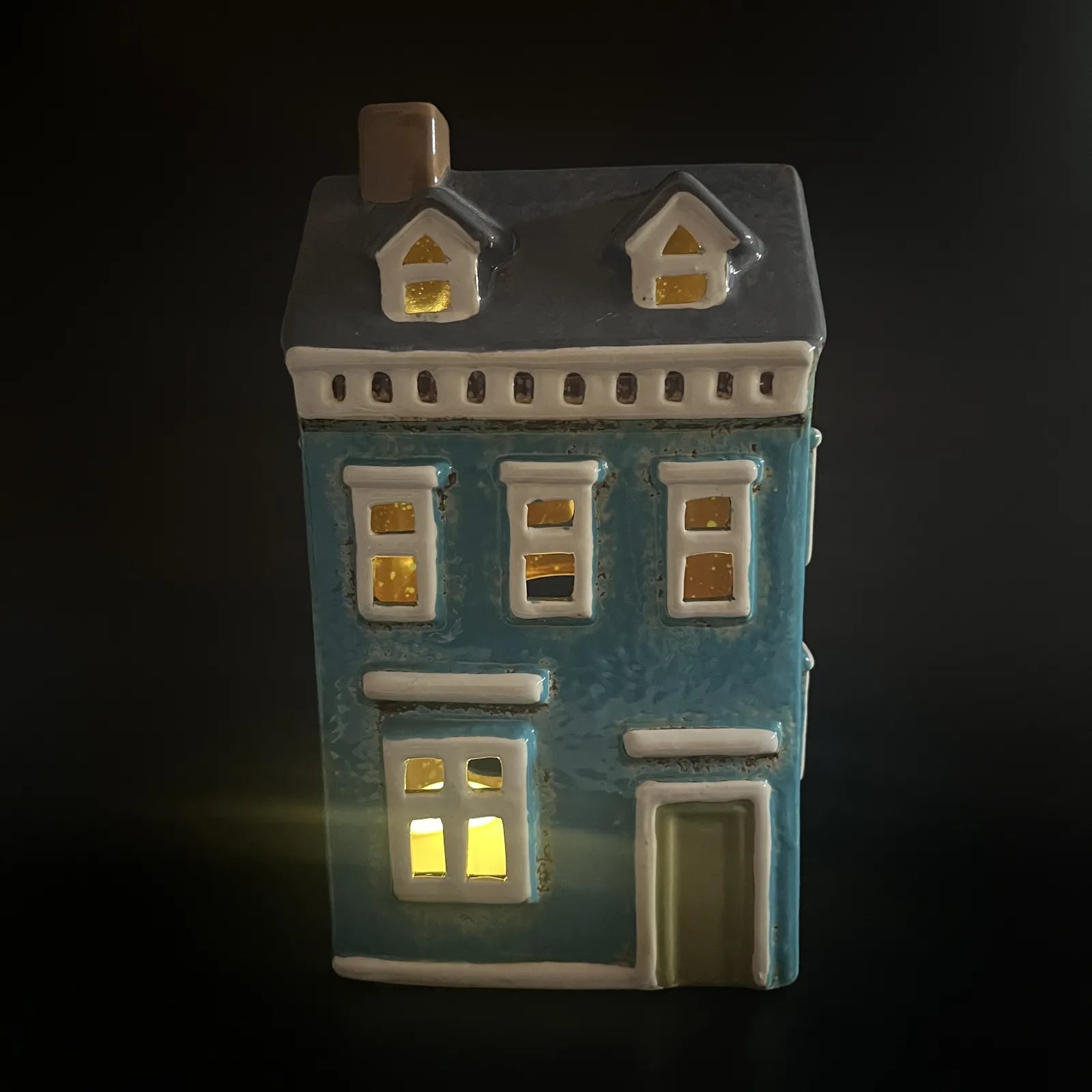 Blue Ceramic Tealight House with Green Door and Roof