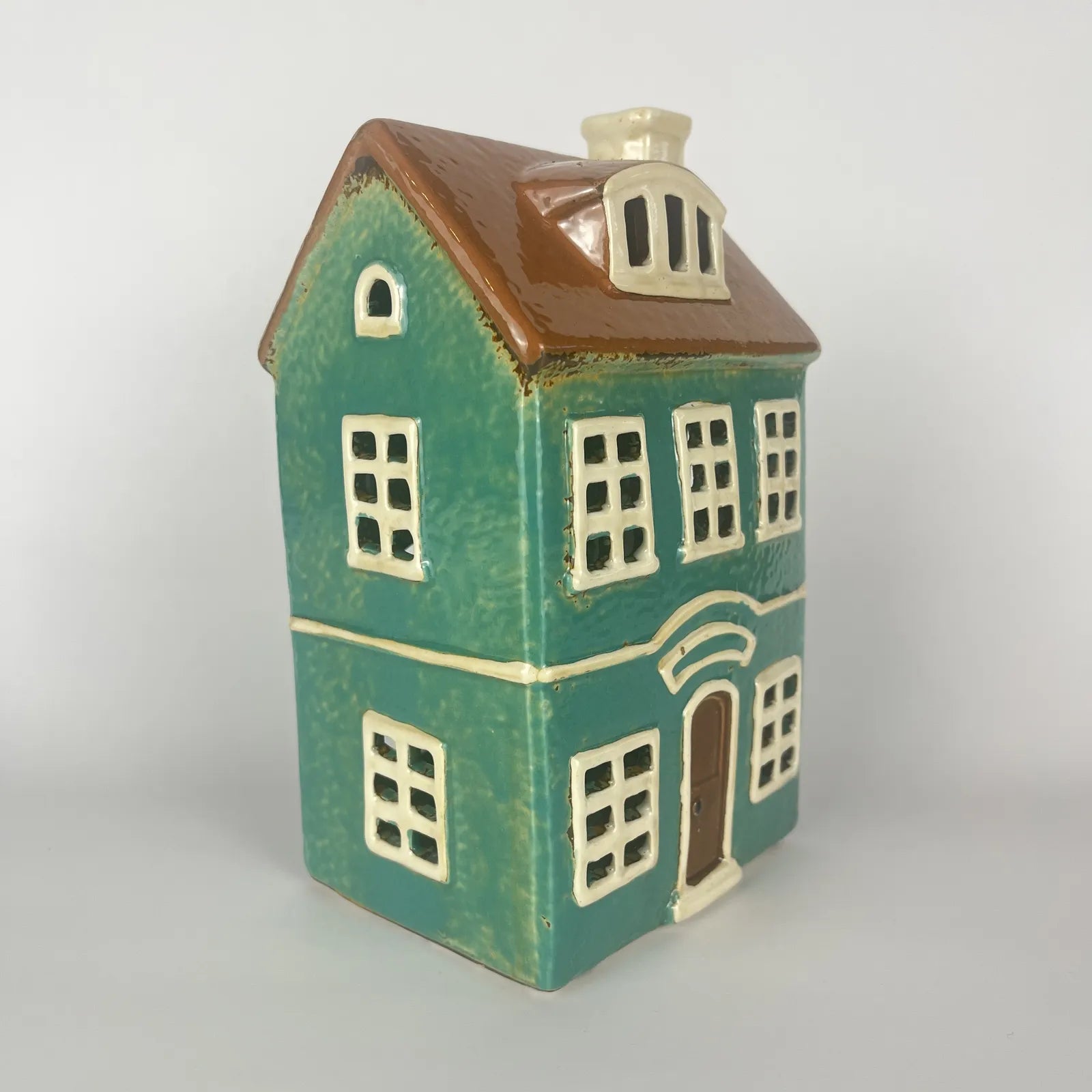 Green Ceramic Tealight House with White Roof and Brown Door