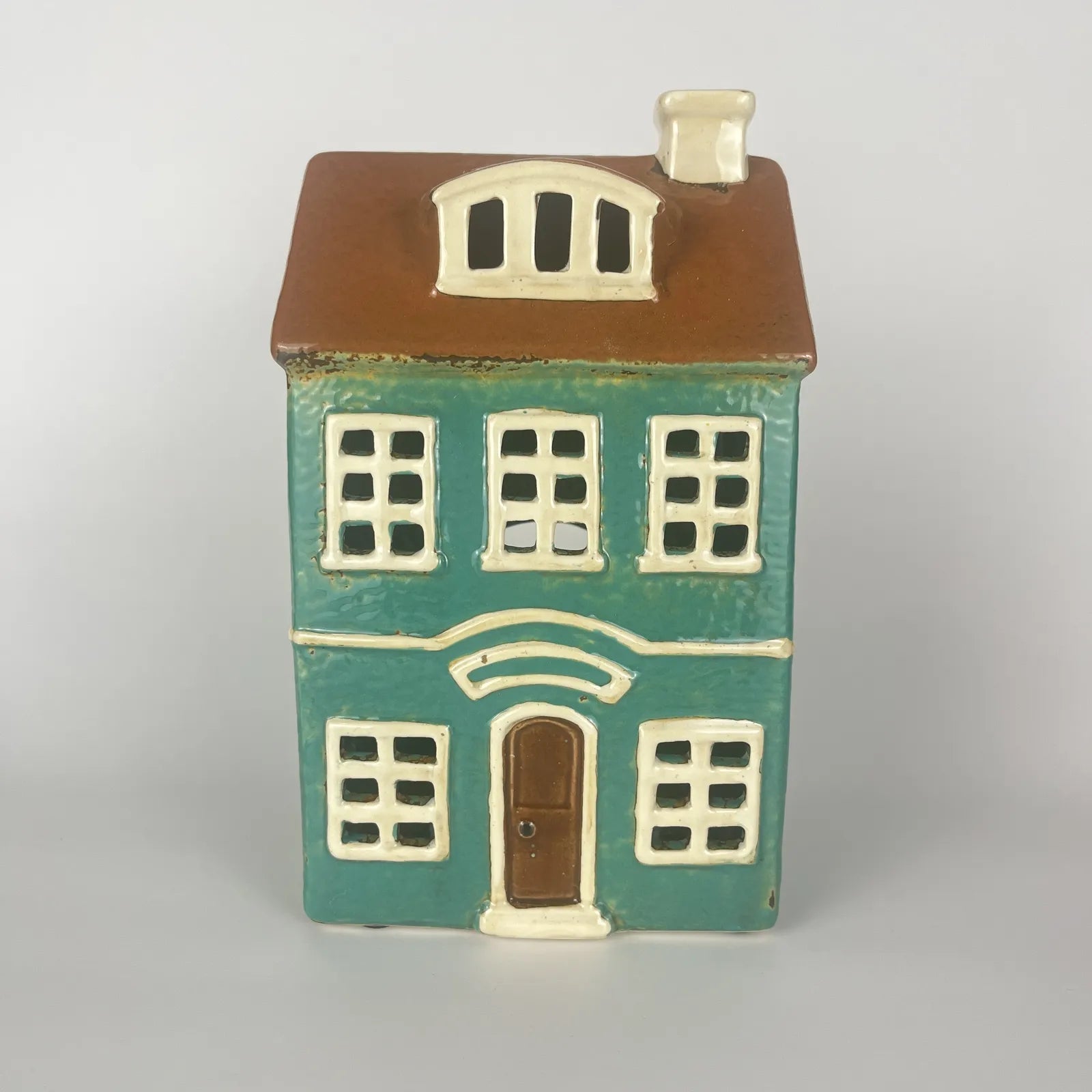 Green Ceramic Tealight House with White Roof and Brown Door