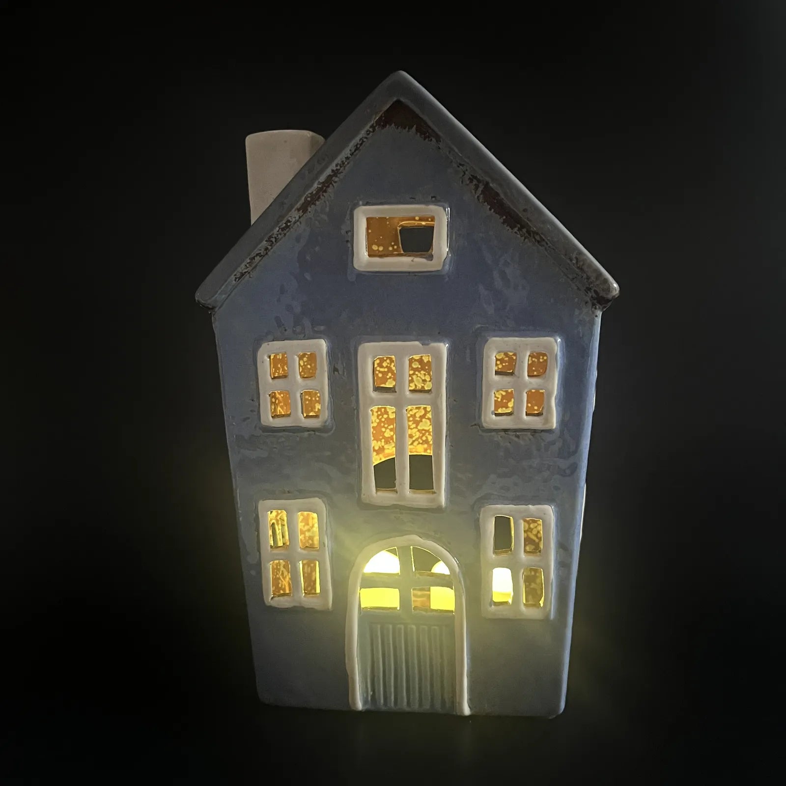Blue Ceramic Tealight House with White Chimney and White Door