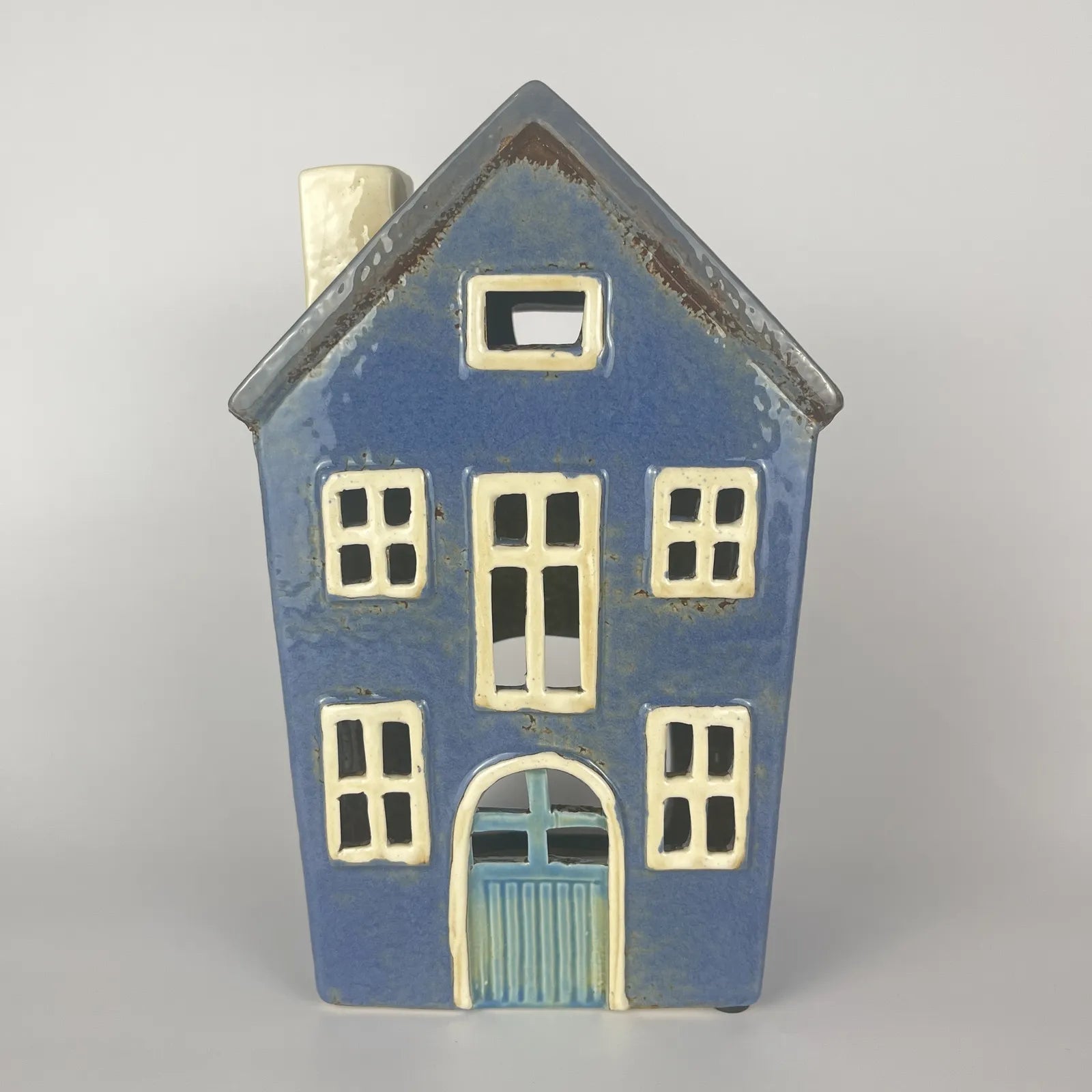Blue Ceramic Tealight House with White Chimney and White Door