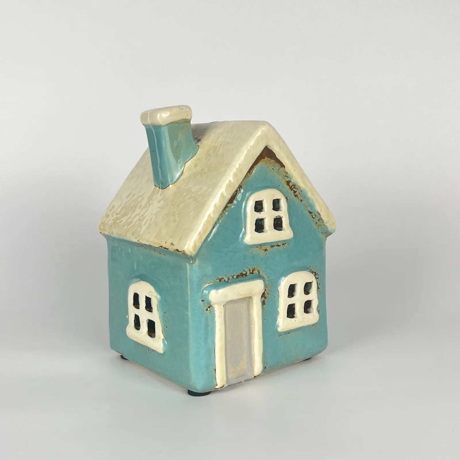 Light Blue Ceramic Tealight House with White Roof and Door