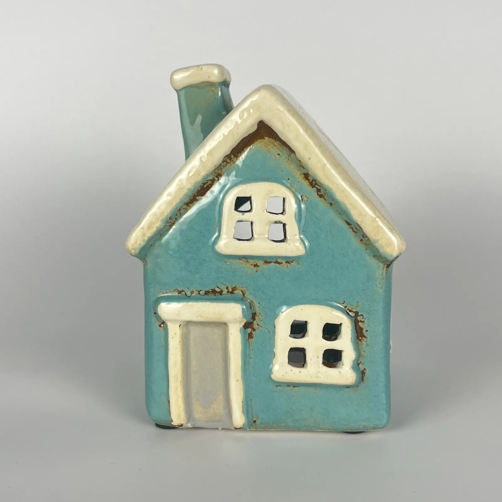 Light Blue Ceramic Tealight House with White Roof and Door