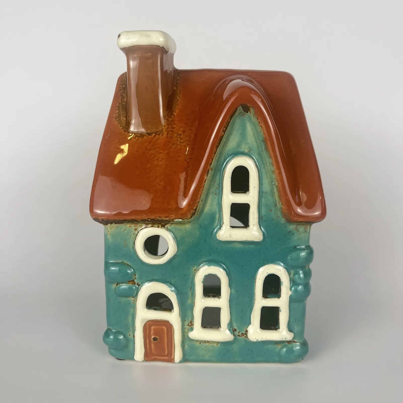 Blue Ceramic Tealight House with Orange Roof and Brown Door