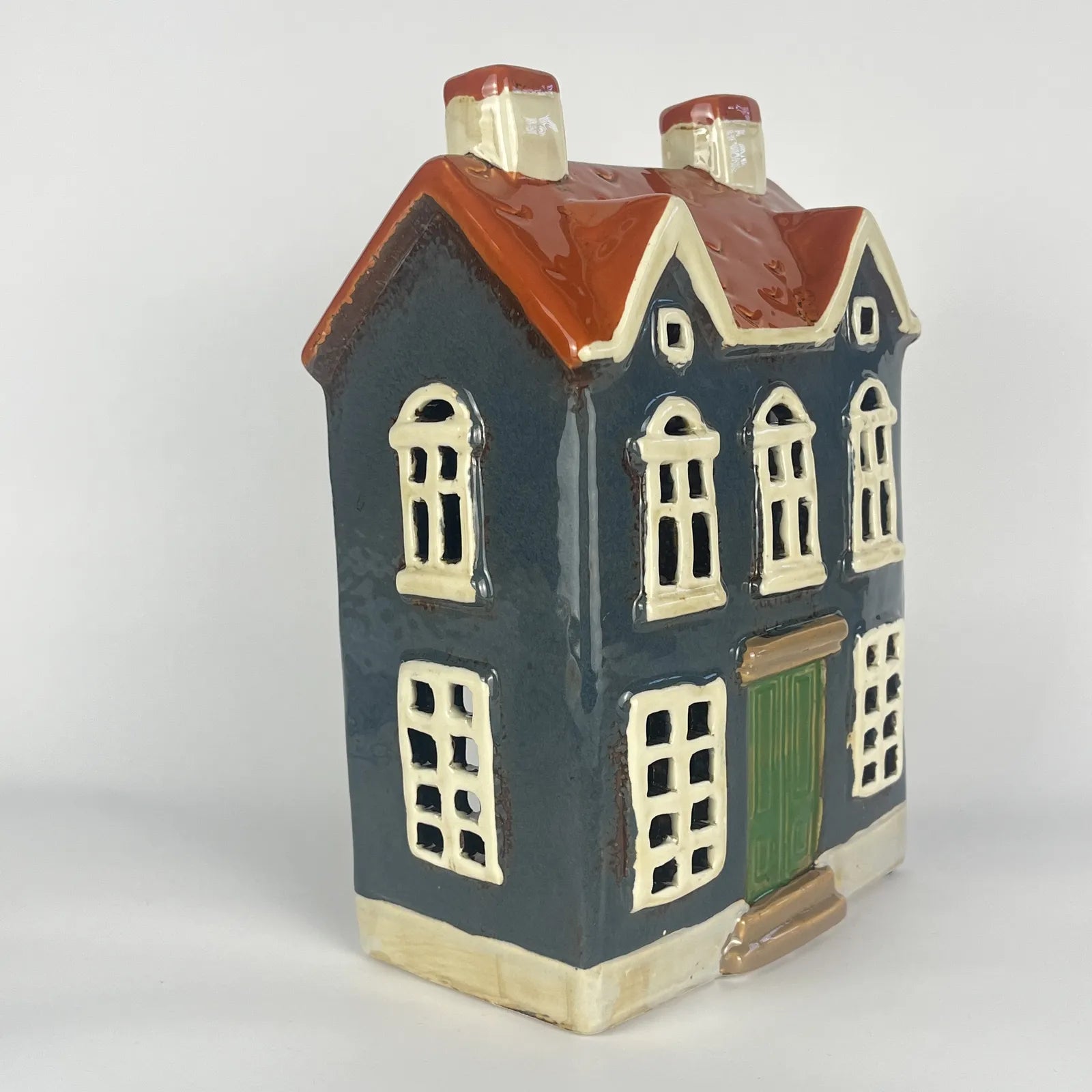 Dark Blue Ceramic Tealight House with Orange Red Roof and Green Door