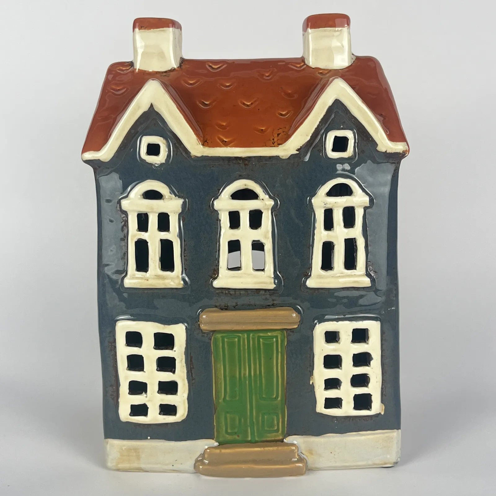 Dark Blue Ceramic Tealight House with Orange Red Roof and Green Door
