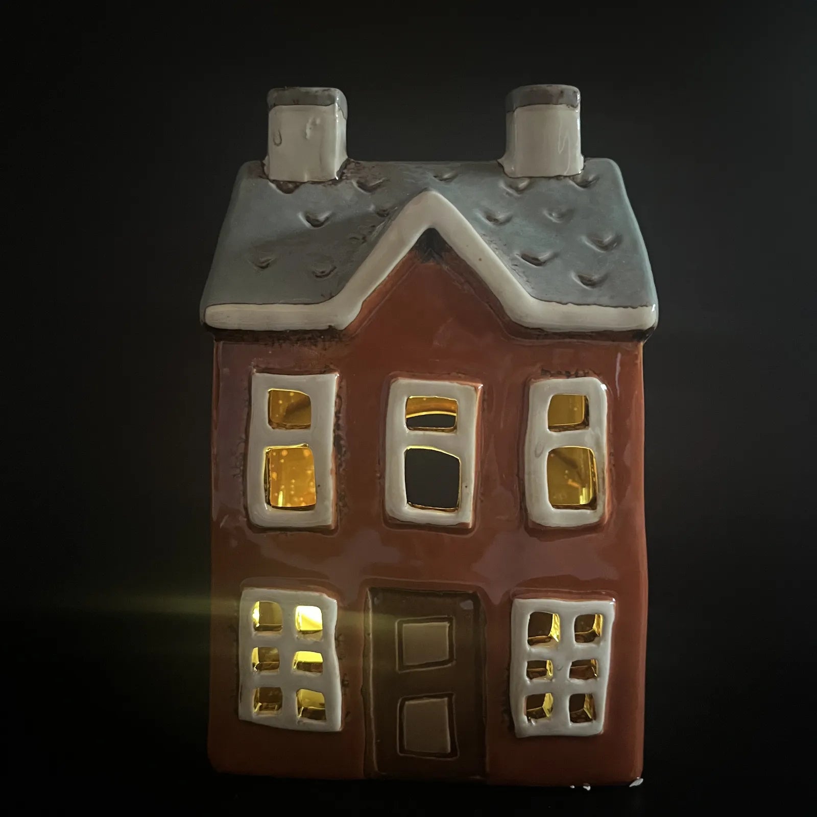 Orange Ceramic Tealight House with Green Roof and Brown Door