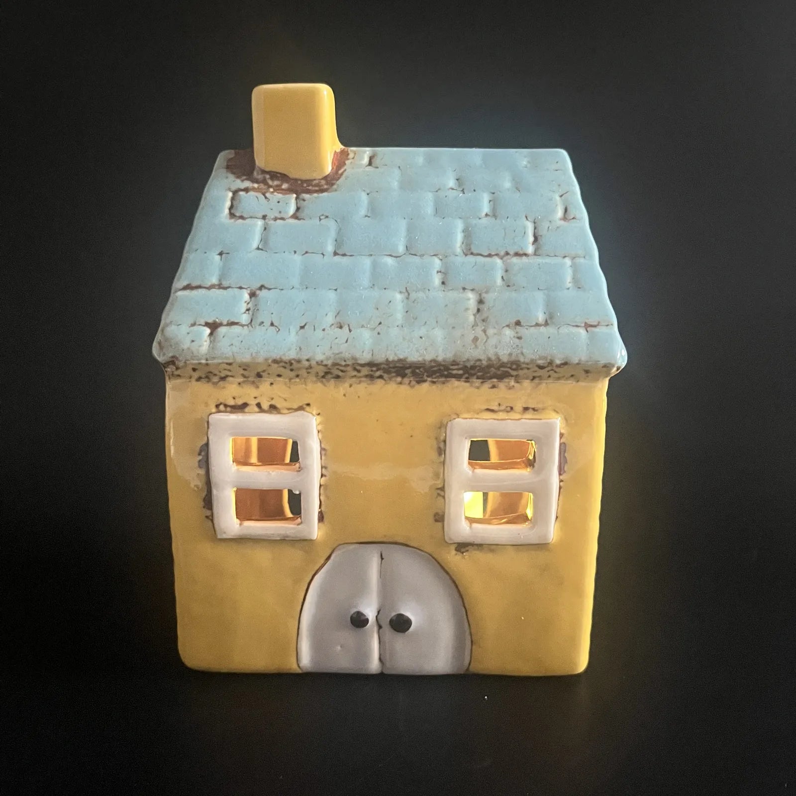 Yellow Ceramic Tealight House with Blue Roof and Door