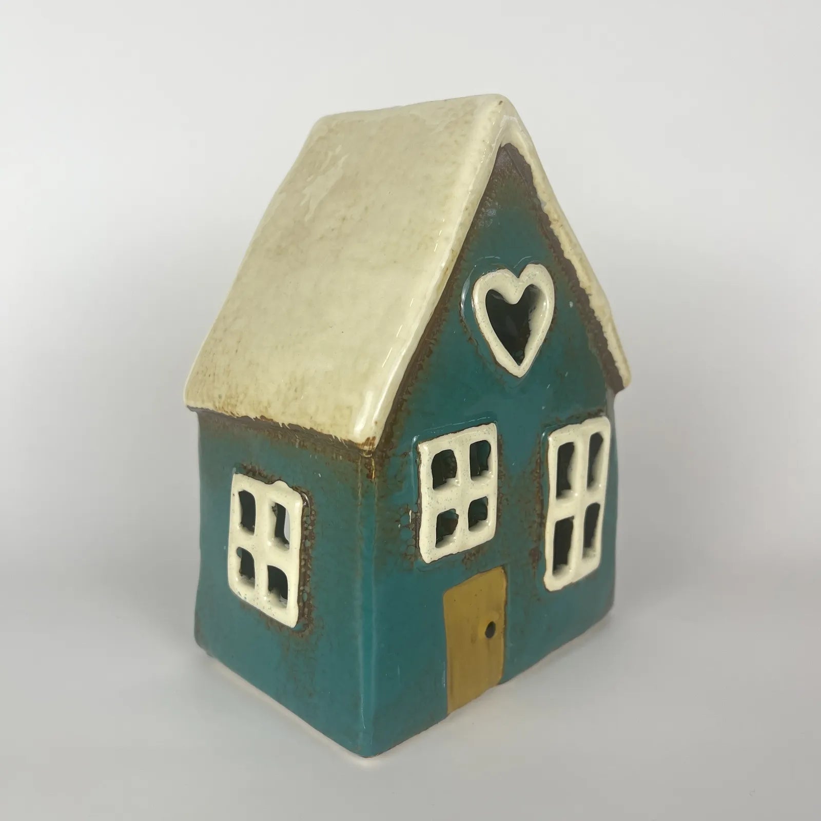 Blue Ceramic Tealight House with Heart-Shaped Window and Yellow Door