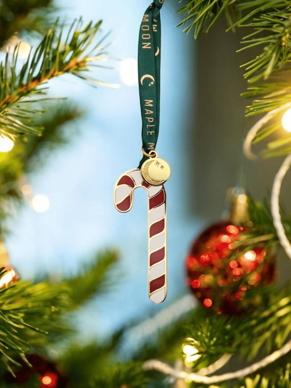 Candy cane ornament hanging on a Christmas tree with blurred lights in the background