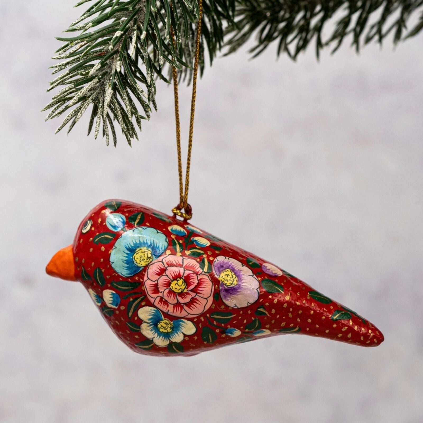 Red Floral Hand-Painted Bird Christmas Decoration (8 cm)