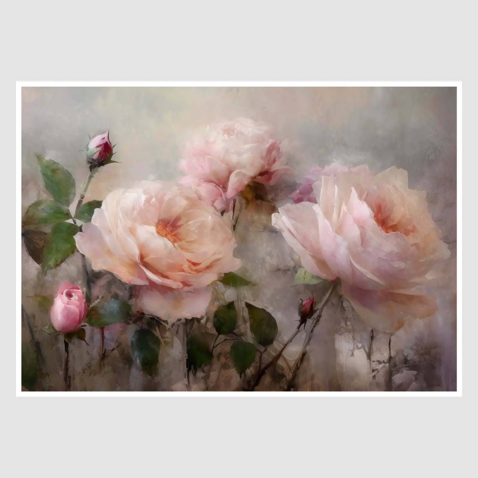 Soft Pink Roses Art Print with Mystical Grey Background 1