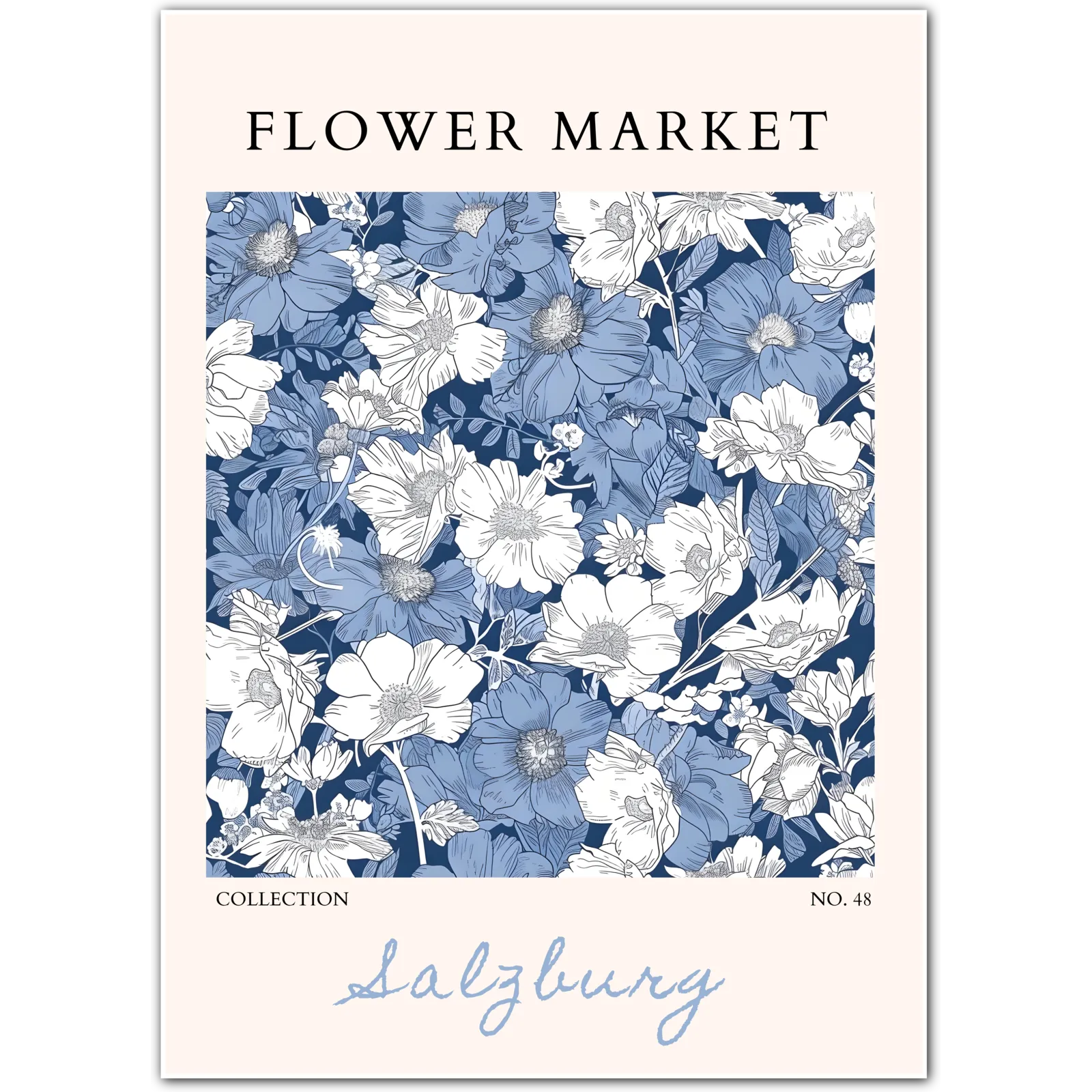 Blue Florals of Salzburg – Hand-Drawn European Garden Print