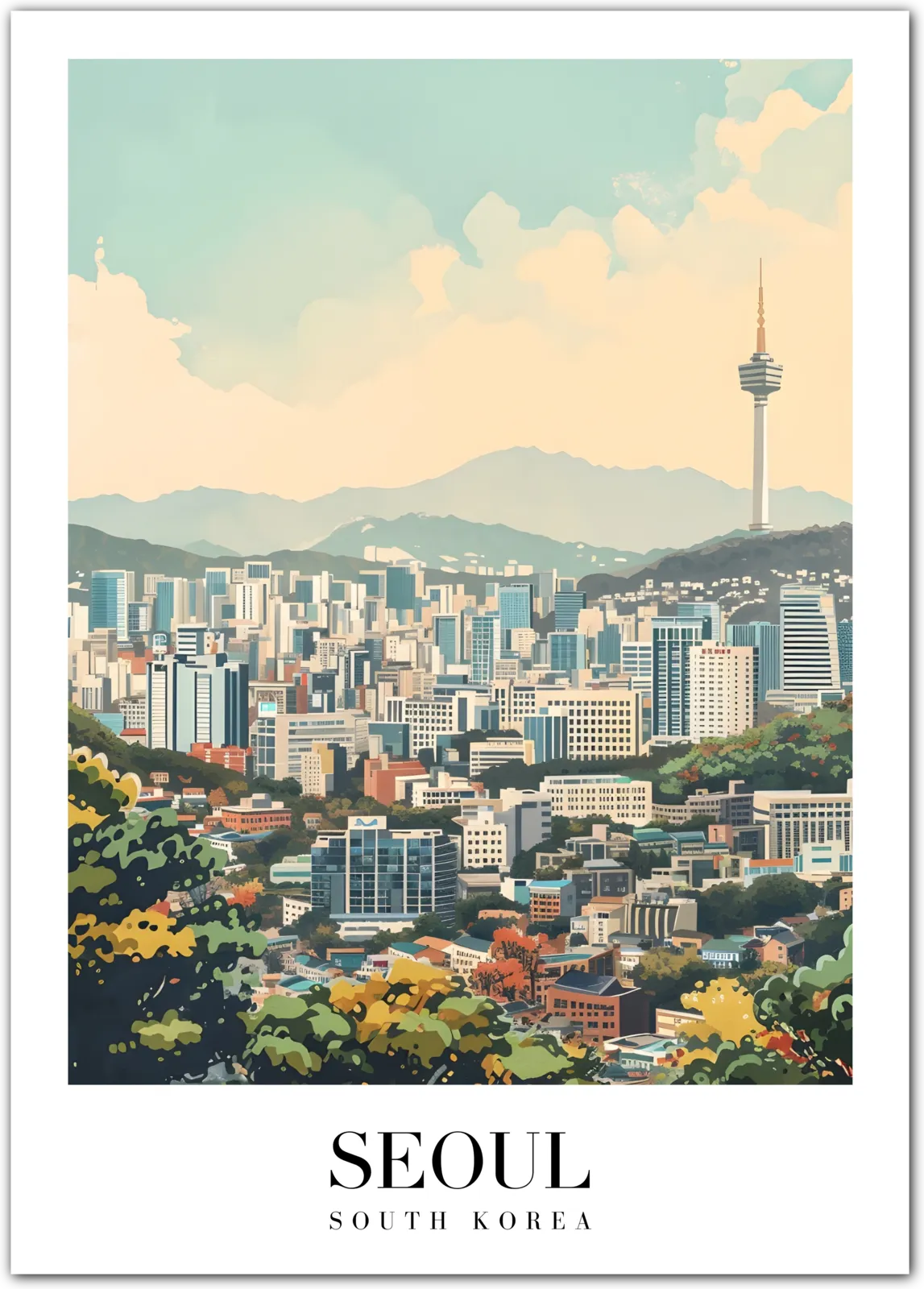 Serene Seoul: A Stunning Cityscape Blending Modern & Nature Art Print