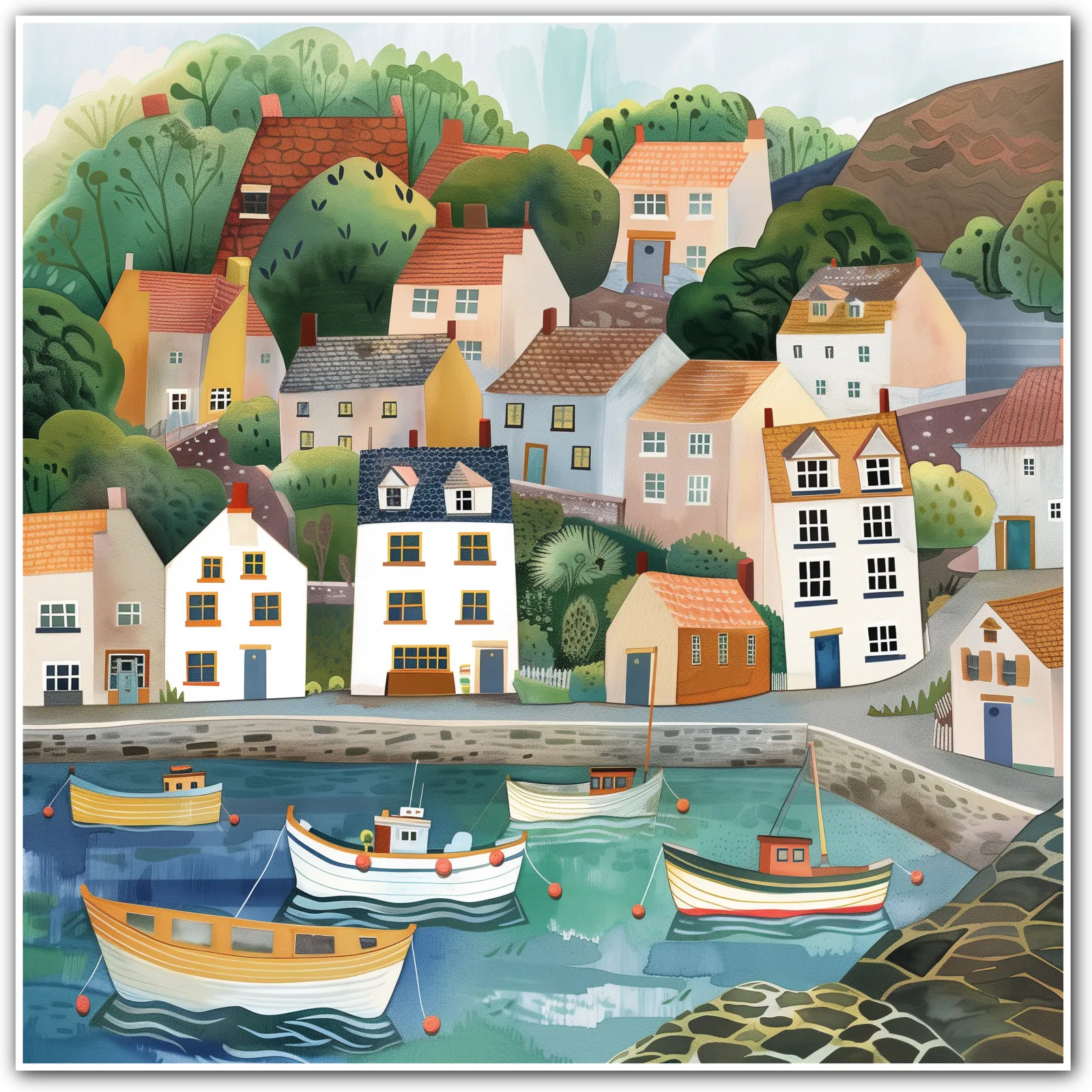 Illustration of a coastal village with houses, boats, and greenery.
