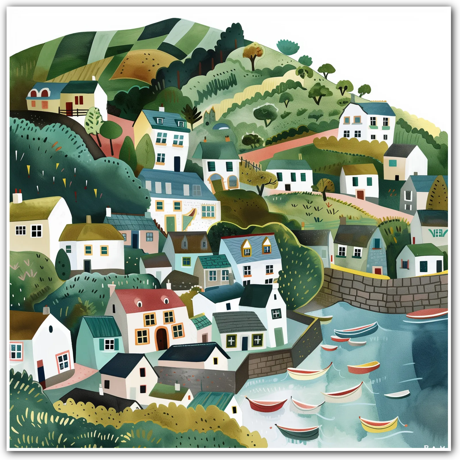 Illustration of a quaint village by a coastal area with boats and green hills.