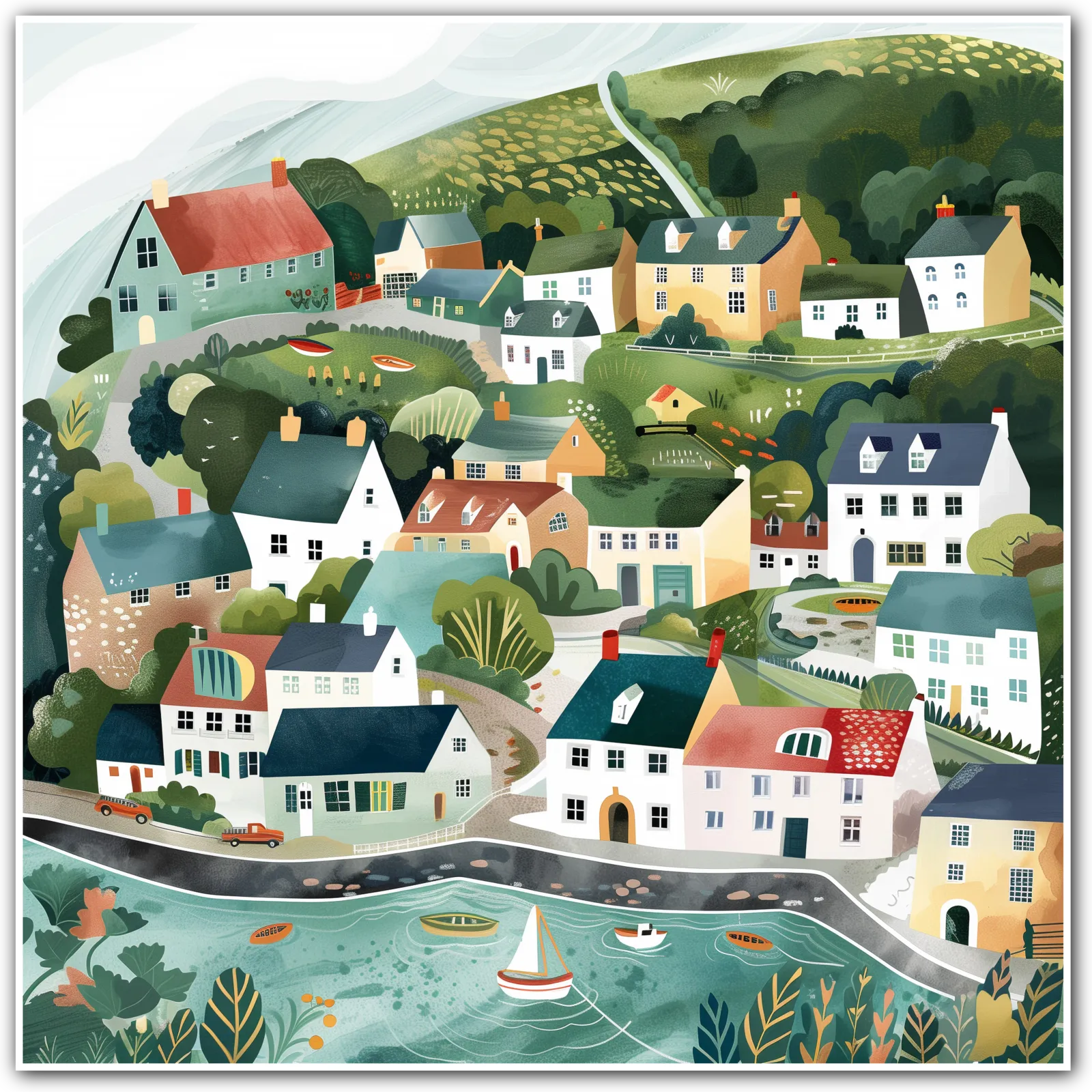 Illustration of a quaint village with houses and a river