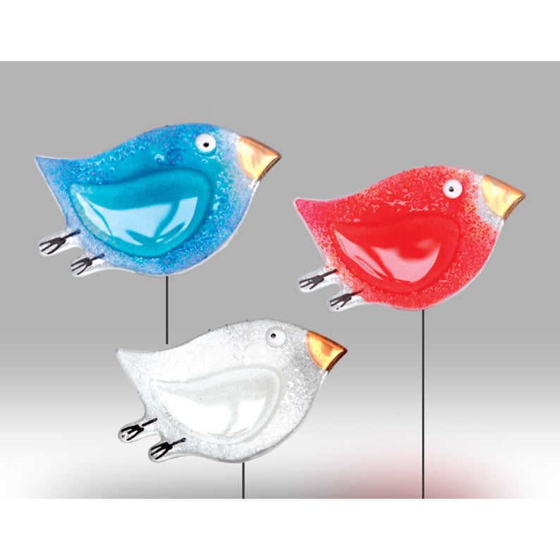 Charming Birds Glass Trio On Metal Stakes