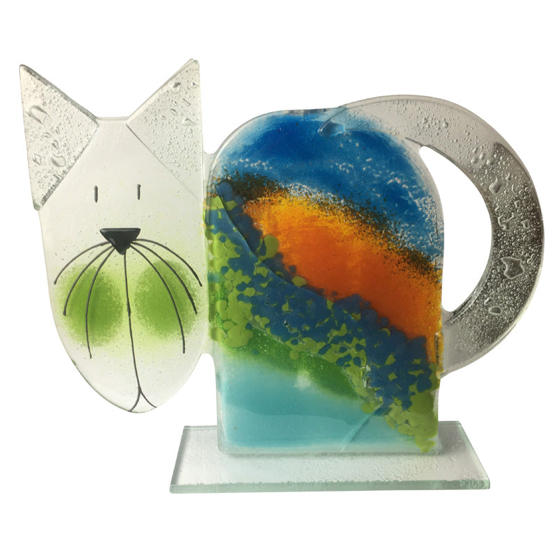 Blue, Orange And Green Cool Cat Glass Figurine