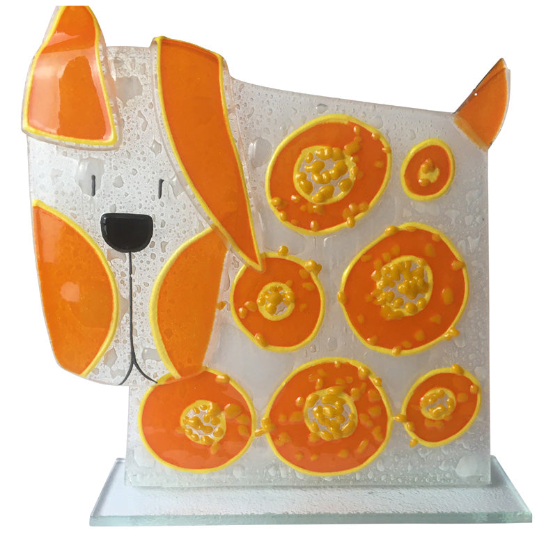 Orange Spotted Large Fused Glass Dog