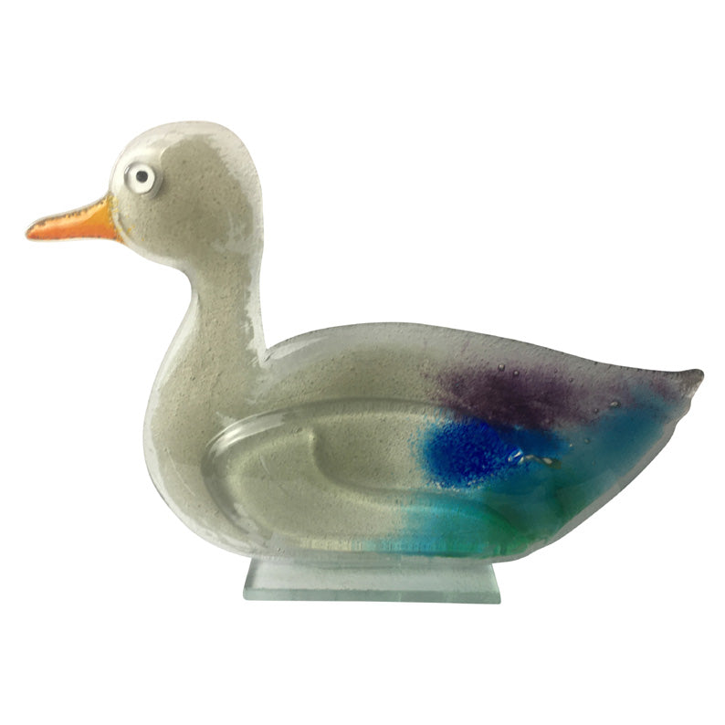 Fused Glass Mother Duck In Tones Of Blue