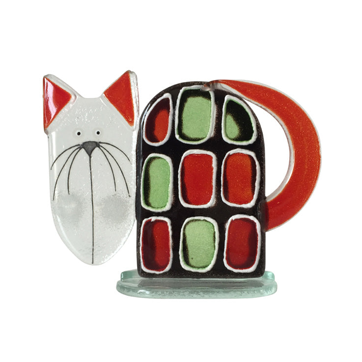 Small Cool Cat Fused Glass Ornament In Red And Green
