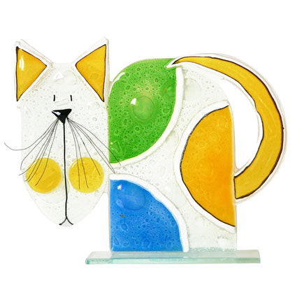 Large Wire Whiskers Cat Fused Glass Table Art
