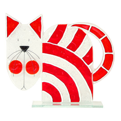 Large Retro Red Stripes Cat Fused Glass Table Art