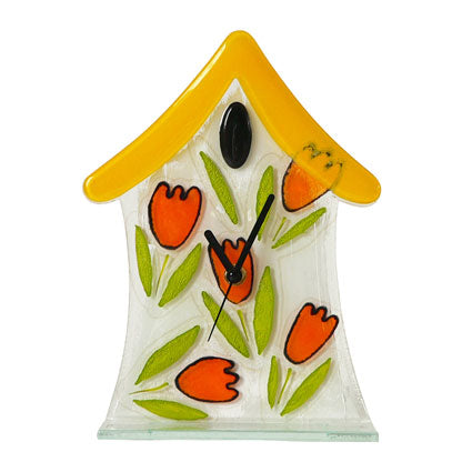 Yellow Roof and Tulips House Fused Glass Table Clock