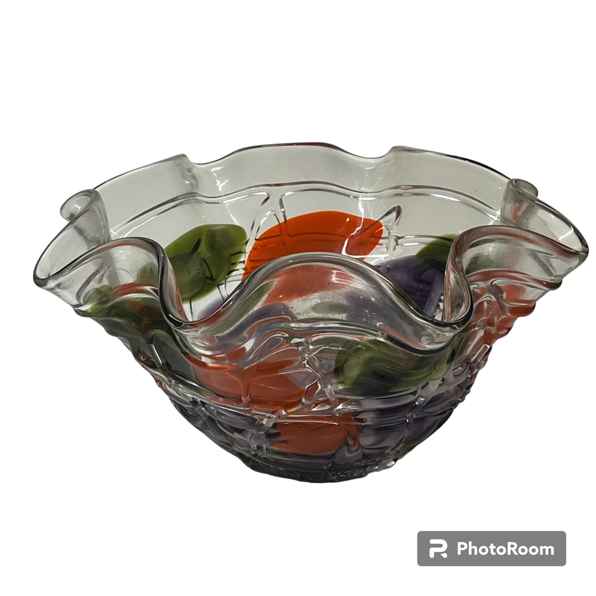 Hand Blown Funky Wavy Glass Bowl With Splashes Of Colour